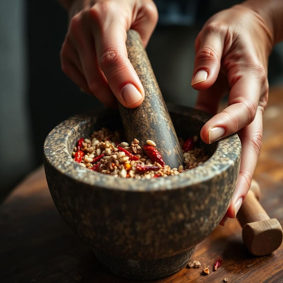 Spices being ground in a stone mortar and pestle